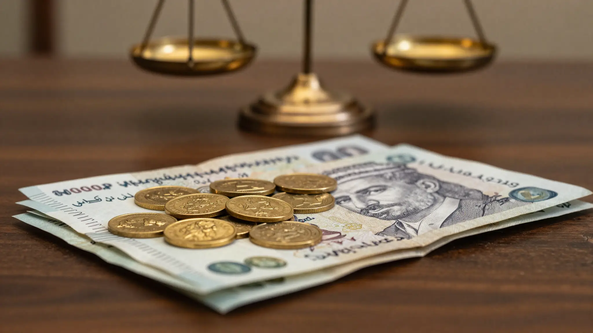 ليرات ذهبية عثمانية وأوراق نقدية على مكتب خشبي داكن ترمز إلى قيمة عملة الليرة والادخار